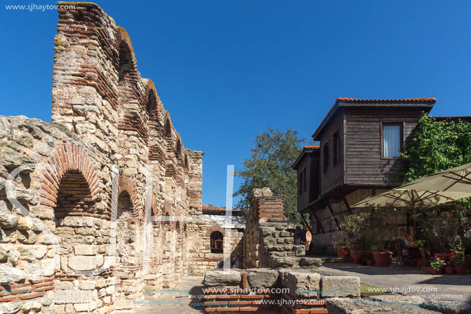 NESSEBAR, BULGARIA - AUGUST 12, 2018: Ruins of Ancient Church of Saint Sophia in the town of Nessebar, Burgas Region, Bulgaria