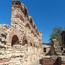 NESSEBAR, BULGARIA - AUGUST 12, 2018: Ruins of Ancient Church of Saint Sophia in the town of Nessebar, Burgas Region, Bulgaria