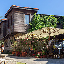 NESSEBAR, BULGARIA - AUGUST 12, 2018: Typical Street in old town of Nessebar, Burgas Region, Bulgaria