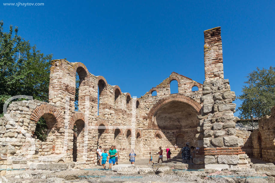 NESSEBAR, BULGARIA - AUGUST 12, 2018: Ruins of Ancient Church of Saint Sophia in the town of Nessebar, Burgas Region, Bulgaria