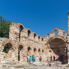 NESSEBAR, BULGARIA - AUGUST 12, 2018: Ruins of Ancient Church of Saint Sophia in the town of Nessebar, Burgas Region, Bulgaria