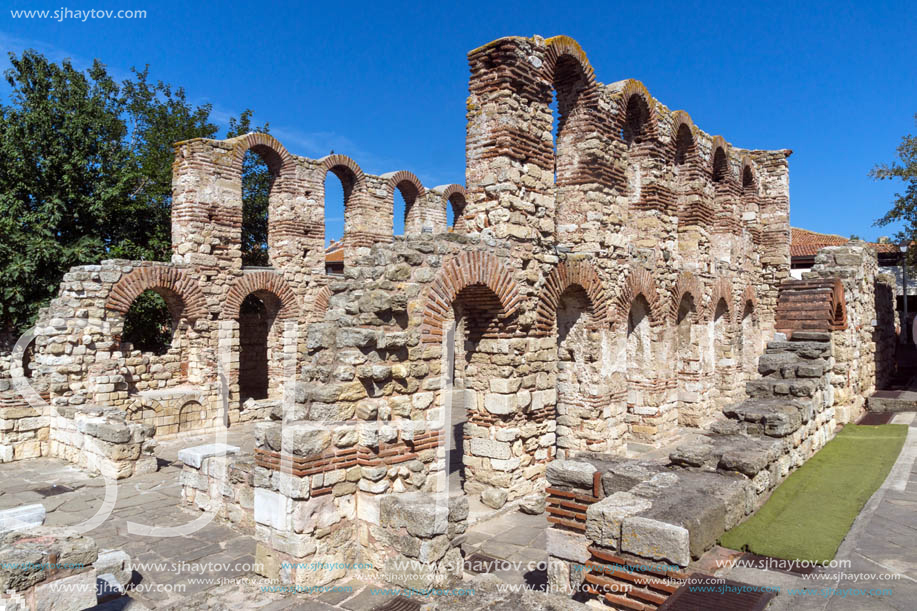 NESSEBAR, BULGARIA - AUGUST 12, 2018: Ruins of Ancient Church of Saint Sophia in the town of Nessebar, Burgas Region, Bulgaria