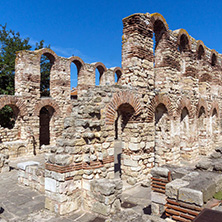 NESSEBAR, BULGARIA - AUGUST 12, 2018: Ruins of Ancient Church of Saint Sophia in the town of Nessebar, Burgas Region, Bulgaria