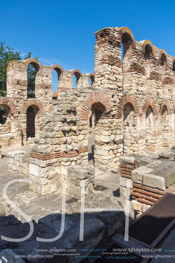 NESSEBAR, BULGARIA - AUGUST 12, 2018: Ruins of Ancient Church of Saint Sophia in the town of Nessebar, Burgas Region, Bulgaria