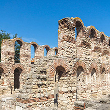 NESSEBAR, BULGARIA - AUGUST 12, 2018: Ruins of Ancient Church of Saint Sophia in the town of Nessebar, Burgas Region, Bulgaria