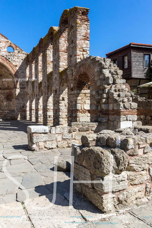 NESSEBAR, BULGARIA - AUGUST 12, 2018: Ruins of Ancient Church of Saint Sophia in the town of Nessebar, Burgas Region, Bulgaria