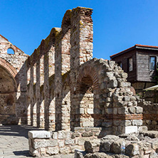 NESSEBAR, BULGARIA - AUGUST 12, 2018: Ruins of Ancient Church of Saint Sophia in the town of Nessebar, Burgas Region, Bulgaria