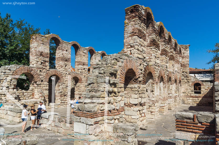 NESSEBAR, BULGARIA - AUGUST 12, 2018: Ruins of Ancient Church of Saint Sophia in the town of Nessebar, Burgas Region, Bulgaria