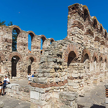 NESSEBAR, BULGARIA - AUGUST 12, 2018: Ruins of Ancient Church of Saint Sophia in the town of Nessebar, Burgas Region, Bulgaria