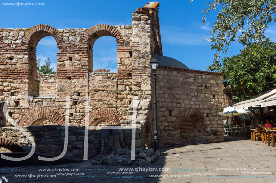 NESSEBAR, BULGARIA - AUGUST 12, 2018: Ruins of Ancient Church of Saint Sophia in the town of Nessebar, Burgas Region, Bulgaria