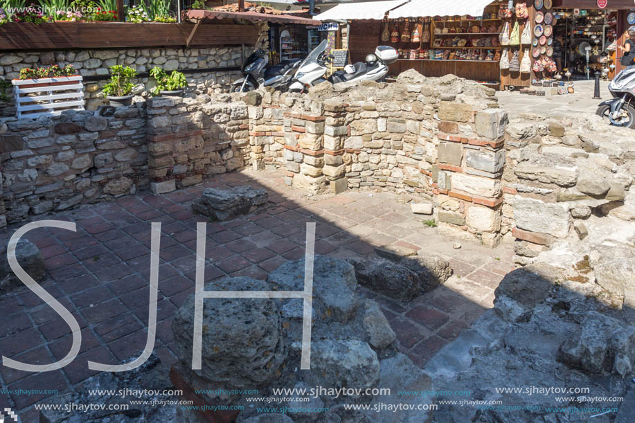 NESSEBAR, BULGARIA - AUGUST 12, 2018: Ruins of Ancient St. Demetrius of Thessaloniki in the town of Nessebar, Burgas Region, Bulgaria