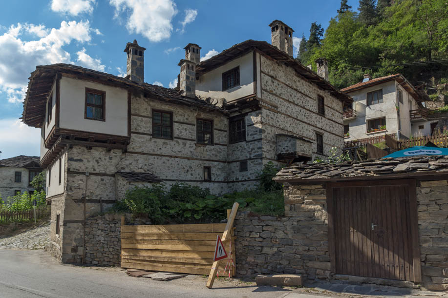 SHIROKA LAKA, BULGARIA - AUGUST 14, 2018: Old houses in historical town of Shiroka Laka, Smolyan Region, Bulgaria