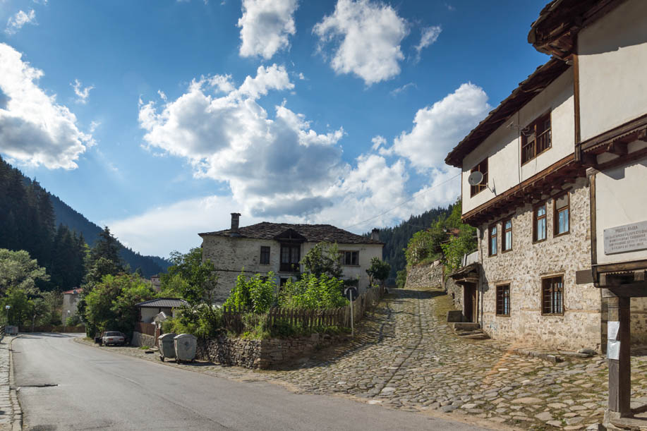 SHIROKA LAKA, BULGARIA - AUGUST 14, 2018: Old houses in historical town of Shiroka Laka, Smolyan Region, Bulgaria