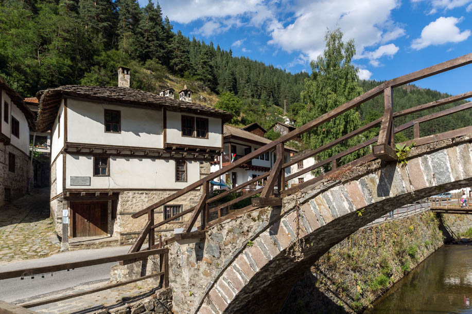 SHIROKA LAKA, BULGARIA - AUGUST 14, 2018: Old houses in historical town of Shiroka Laka, Smolyan Region, Bulgaria