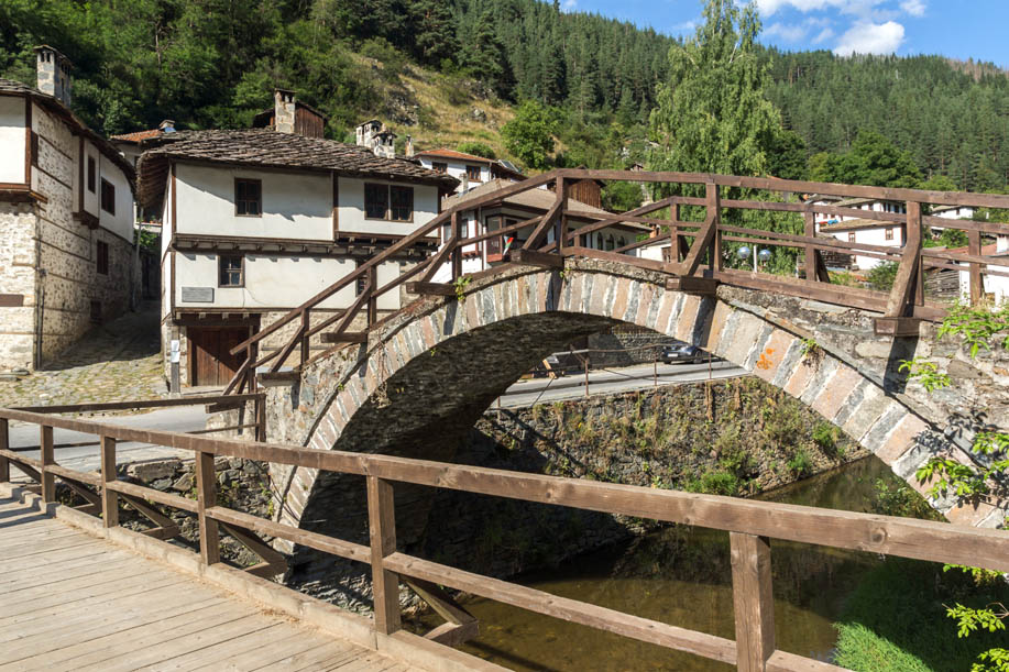 SHIROKA LAKA, BULGARIA - AUGUST 14, 2018: Old houses in historical town of Shiroka Laka, Smolyan Region, Bulgaria