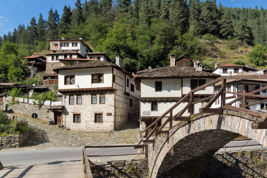 SHIROKA LAKA, BULGARIA - AUGUST 14, 2018: Old houses in historical town of Shiroka Laka, Smolyan Region, Bulgaria