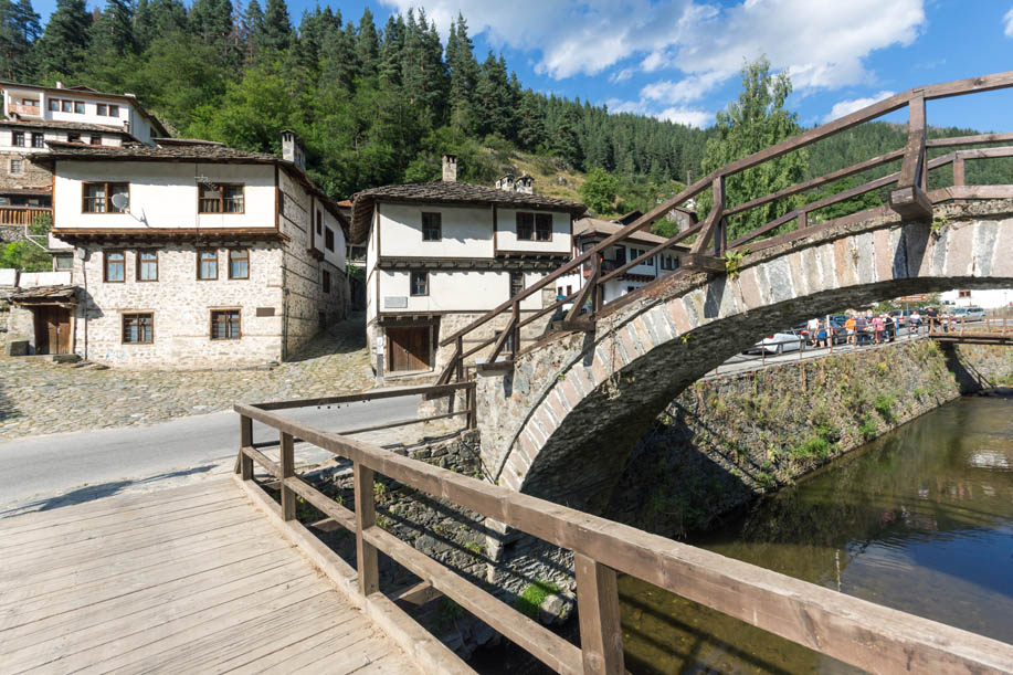 SHIROKA LAKA, BULGARIA - AUGUST 14, 2018: Old houses in historical town of Shiroka Laka, Smolyan Region, Bulgaria