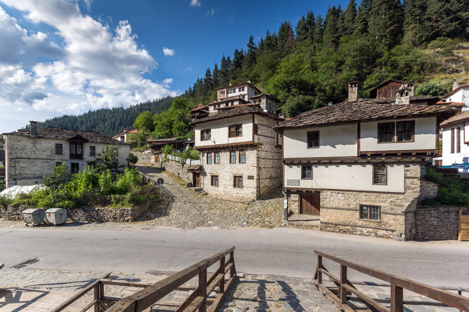 SHIROKA LAKA, BULGARIA - AUGUST 14, 2018: Old houses in historical town of Shiroka Laka, Smolyan Region, Bulgaria