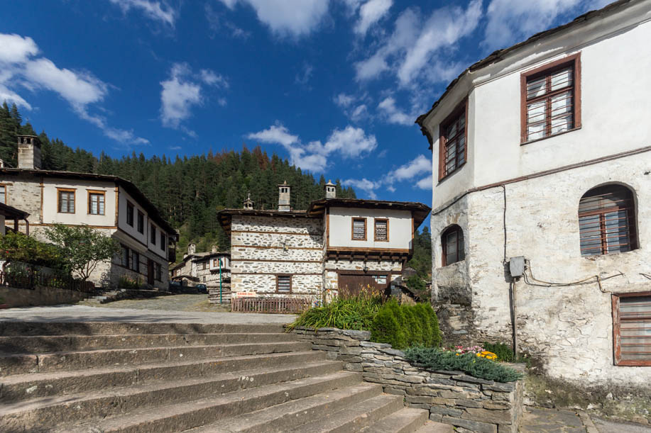 SHIROKA LAKA, BULGARIA - AUGUST 14, 2018: Old houses in historical town of Shiroka Laka, Smolyan Region, Bulgaria