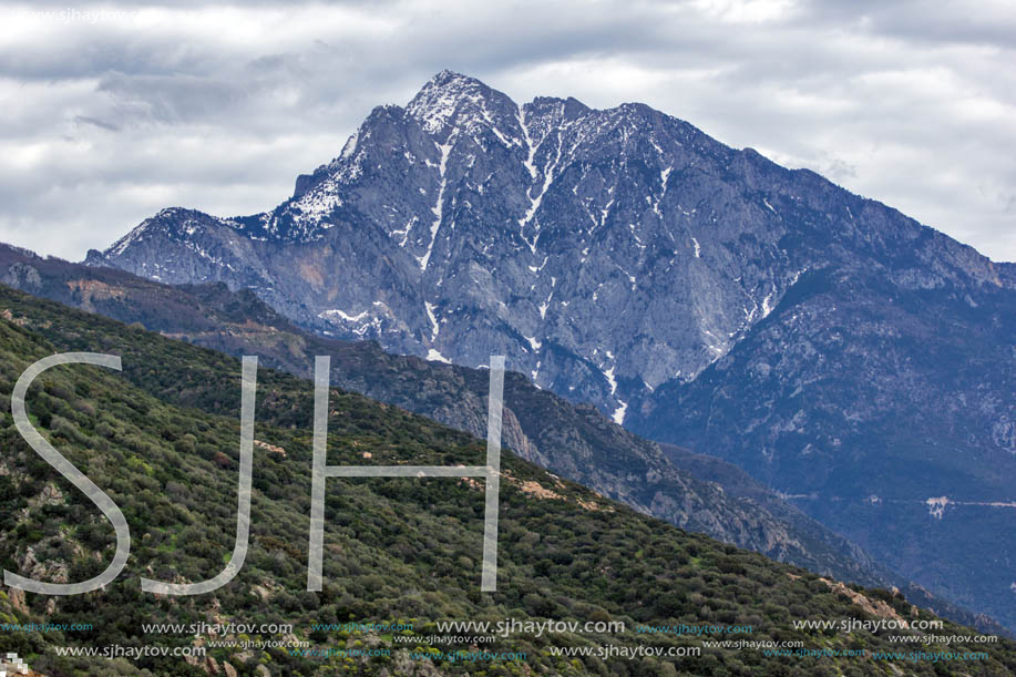 Landscape of Mount Athos in Autonomous Monastic State of the Holy Mountain, Chalkidiki, Greece