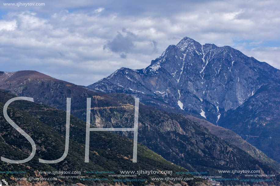 Landscape of Mount Athos in Autonomous Monastic State of the Holy Mountain, Chalkidiki, Greece