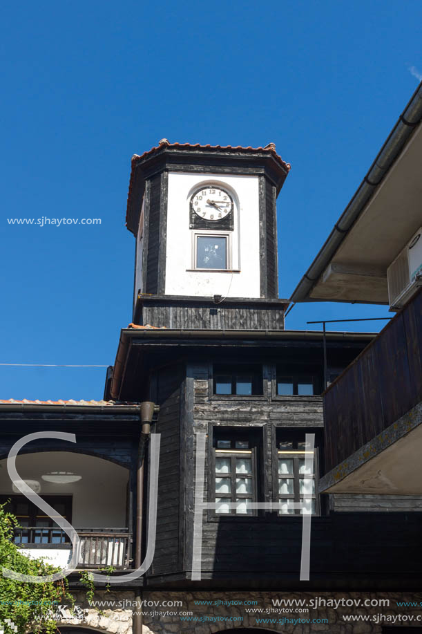 NESSEBAR, BULGARIA - AUGUST 12, 2018: Clock Tower in old town of Nessebar, Burgas Region, Bulgaria