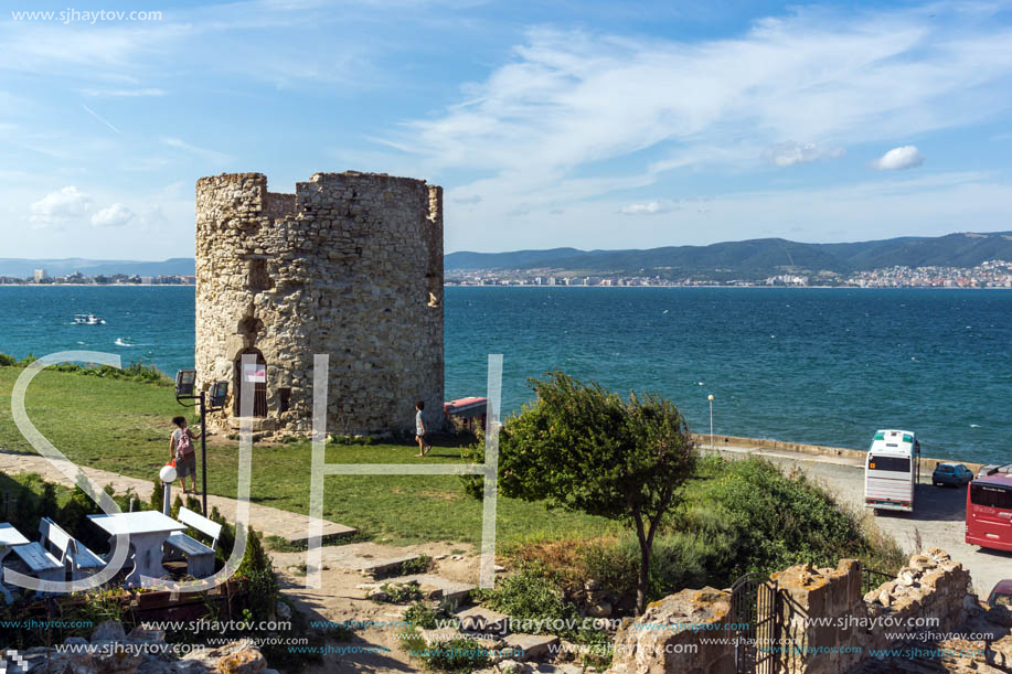 NESSEBAR, BULGARIA - AUGUST 12, 2018: Ruins of Ancient Battle Tower in old town of Nessebar, Burgas Region, Bulgaria