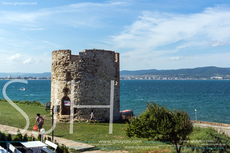 NESSEBAR, BULGARIA - AUGUST 12, 2018: Ruins of Ancient Battle Tower in old town of Nessebar, Burgas Region, Bulgaria