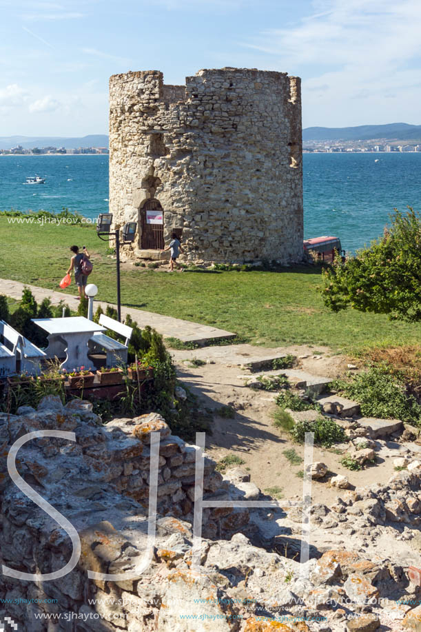 NESSEBAR, BULGARIA - AUGUST 12, 2018: Ruins of Ancient Battle Tower in old town of Nessebar, Burgas Region, Bulgaria