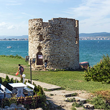 NESSEBAR, BULGARIA - AUGUST 12, 2018: Ruins of Ancient Battle Tower in old town of Nessebar, Burgas Region, Bulgaria