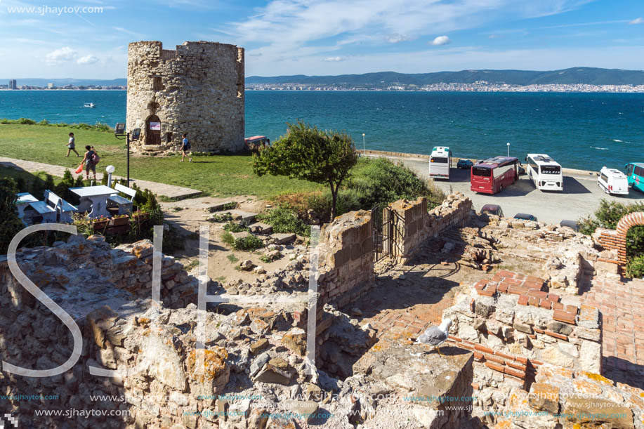 NESSEBAR, BULGARIA - AUGUST 12, 2018: Ruins of Ancient Battle Tower in old town of Nessebar, Burgas Region, Bulgaria