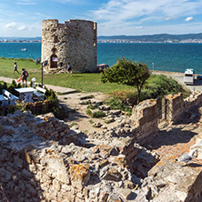 NESSEBAR, BULGARIA - AUGUST 12, 2018: Ruins of Ancient Battle Tower in old town of Nessebar, Burgas Region, Bulgaria