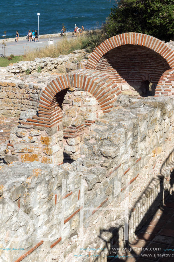 NESSEBAR, BULGARIA - AUGUST 12, 2018: Ruins of Ancient Church of the Holy Mother Eleusa in the town of Nessebar, Burgas Region, Bulgaria