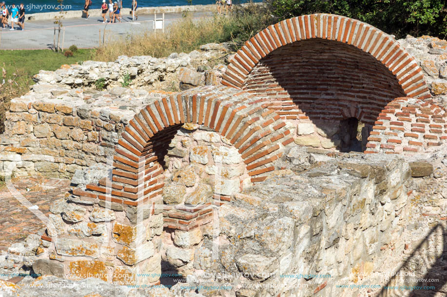 NESSEBAR, BULGARIA - AUGUST 12, 2018: Ruins of Ancient Church of the Holy Mother Eleusa in the town of Nessebar, Burgas Region, Bulgaria