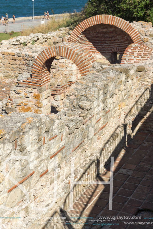 NESSEBAR, BULGARIA - AUGUST 12, 2018: Ruins of Ancient Church of the Holy Mother Eleusa in the town of Nessebar, Burgas Region, Bulgaria