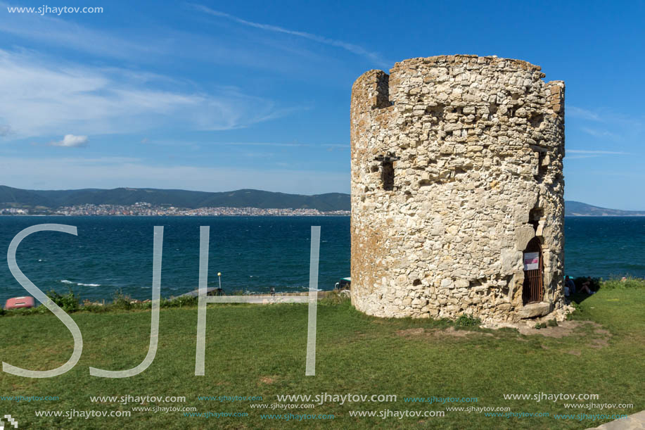 NESSEBAR, BULGARIA - AUGUST 12, 2018: Ruins of Ancient Battle Tower in old town of Nessebar, Burgas Region, Bulgaria