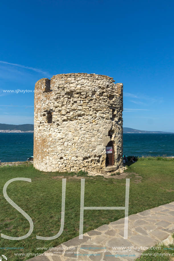 NESSEBAR, BULGARIA - AUGUST 12, 2018: Ruins of Ancient Battle Tower in old town of Nessebar, Burgas Region, Bulgaria