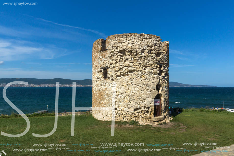 NESSEBAR, BULGARIA - AUGUST 12, 2018: Ruins of Ancient Battle Tower in old town of Nessebar, Burgas Region, Bulgaria