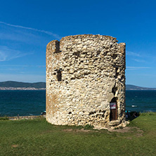 NESSEBAR, BULGARIA - AUGUST 12, 2018: Ruins of Ancient Battle Tower in old town of Nessebar, Burgas Region, Bulgaria