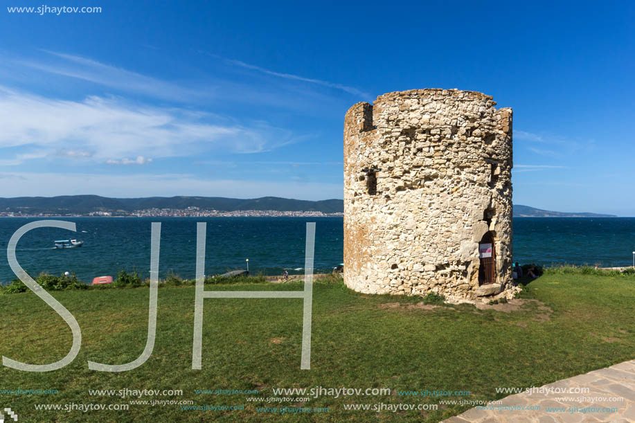 NESSEBAR, BULGARIA - AUGUST 12, 2018: Ruins of Ancient Battle Tower in old town of Nessebar, Burgas Region, Bulgaria