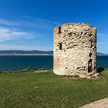 NESSEBAR, BULGARIA - AUGUST 12, 2018: Ruins of Ancient Battle Tower in old town of Nessebar, Burgas Region, Bulgaria