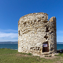 NESSEBAR, BULGARIA - AUGUST 12, 2018: Ruins of Ancient Battle Tower in old town of Nessebar, Burgas Region, Bulgaria