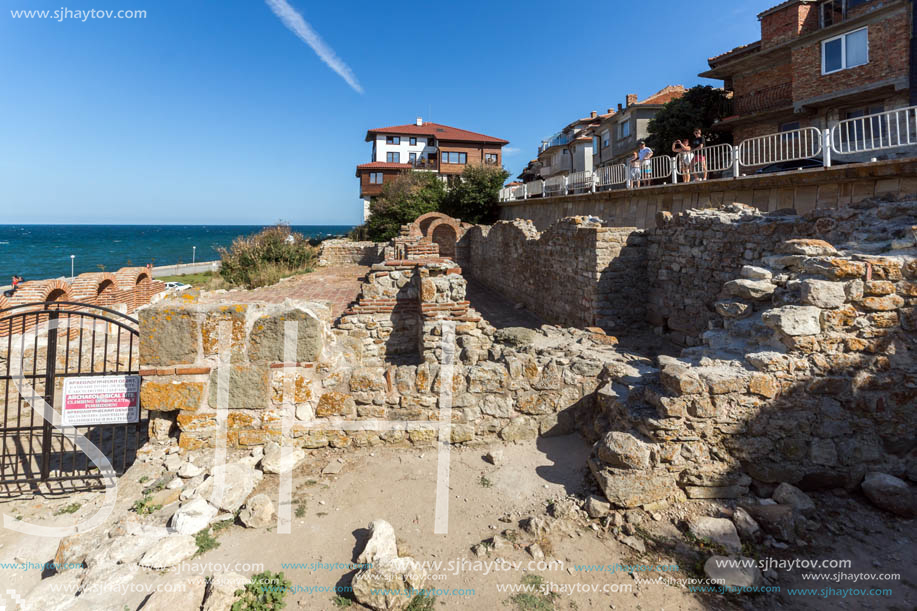 NESSEBAR, BULGARIA - AUGUST 12, 2018: Ruins of Ancient Church of the Holy Mother Eleusa in the town of Nessebar, Burgas Region, Bulgaria