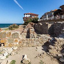 NESSEBAR, BULGARIA - AUGUST 12, 2018: Ruins of Ancient Church of the Holy Mother Eleusa in the town of Nessebar, Burgas Region, Bulgaria