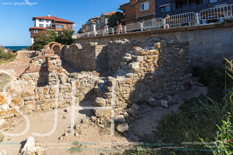 NESSEBAR, BULGARIA - AUGUST 12, 2018: Ruins of Ancient Church of the Holy Mother Eleusa in the town of Nessebar, Burgas Region, Bulgaria