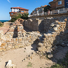 NESSEBAR, BULGARIA - AUGUST 12, 2018: Ruins of Ancient Church of the Holy Mother Eleusa in the town of Nessebar, Burgas Region, Bulgaria