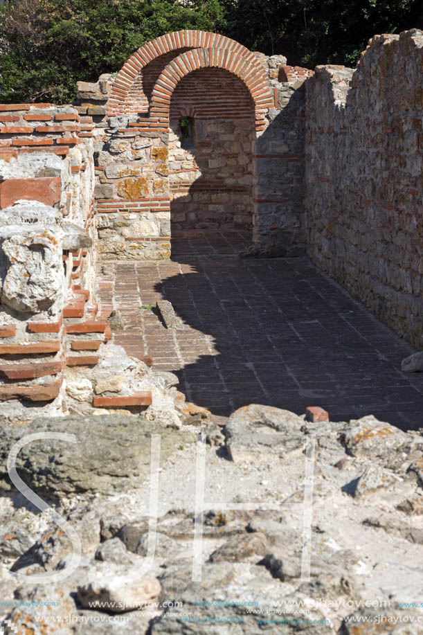 NESSEBAR, BULGARIA - AUGUST 12, 2018: Ruins of Ancient Church of the Holy Mother Eleusa in the town of Nessebar, Burgas Region, Bulgaria