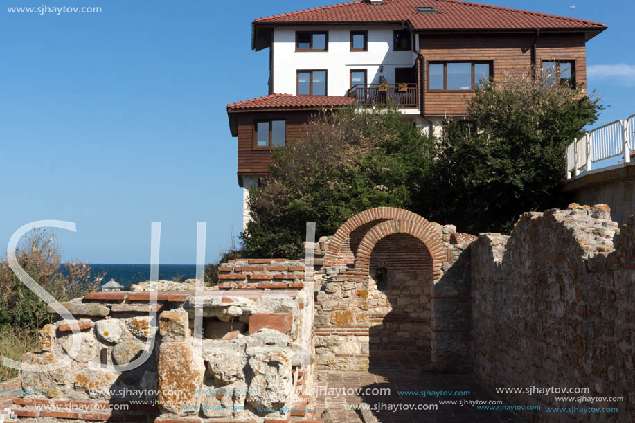 NESSEBAR, BULGARIA - AUGUST 12, 2018: Ruins of Ancient Church of the Holy Mother Eleusa in the town of Nessebar, Burgas Region, Bulgaria