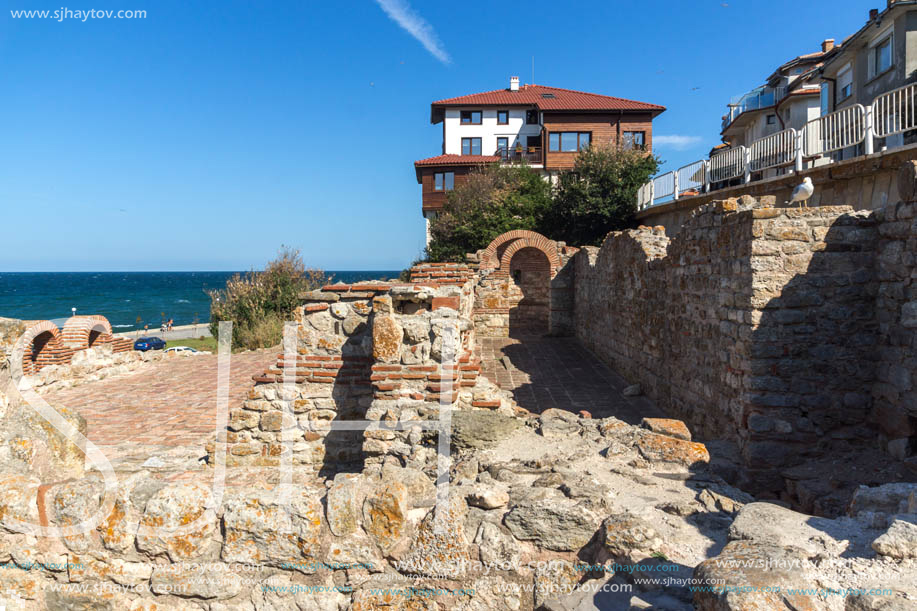 NESSEBAR, BULGARIA - AUGUST 12, 2018: Ruins of Ancient Church of the Holy Mother Eleusa in the town of Nessebar, Burgas Region, Bulgaria