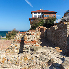 NESSEBAR, BULGARIA - AUGUST 12, 2018: Ruins of Ancient Church of the Holy Mother Eleusa in the town of Nessebar, Burgas Region, Bulgaria